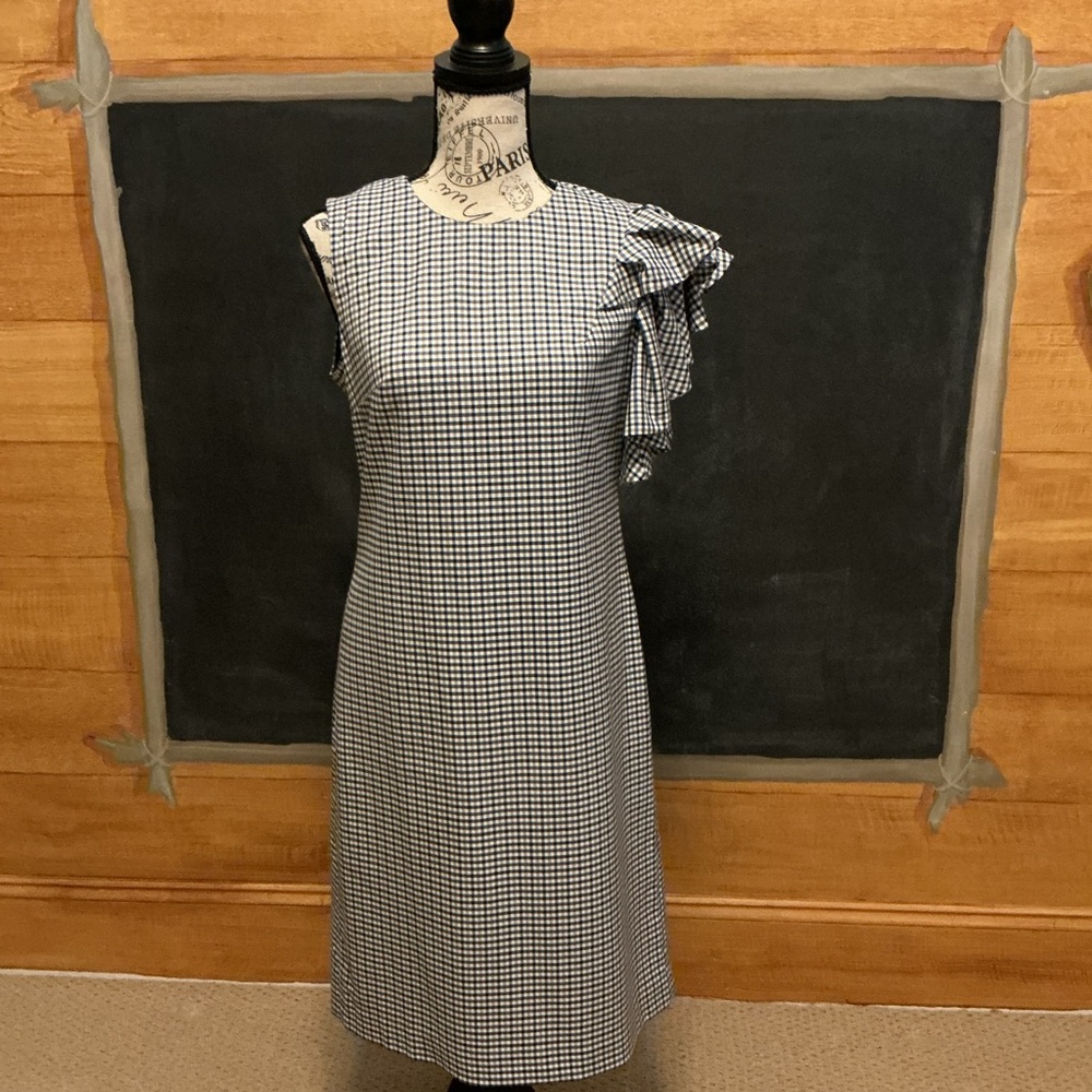 Banana Republic Elegant Navy and Tan checked asymmetric Ruffle Dress